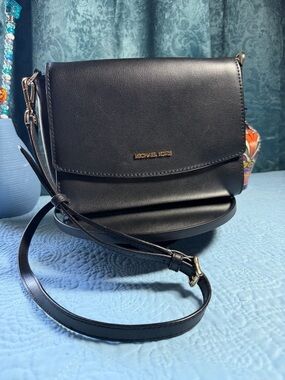 Michael Kors Black Leather Flap Crossbody with Gold Logo 9x7